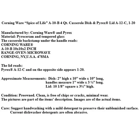 Corning Ware “Spice of Life” A-10-B 4 Qt. Casserole Dish & Domed Pyrex® Lid Bakeware